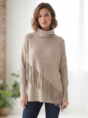 Iconic Fringed Cowl-Neck Sweater in Taupe Size XL